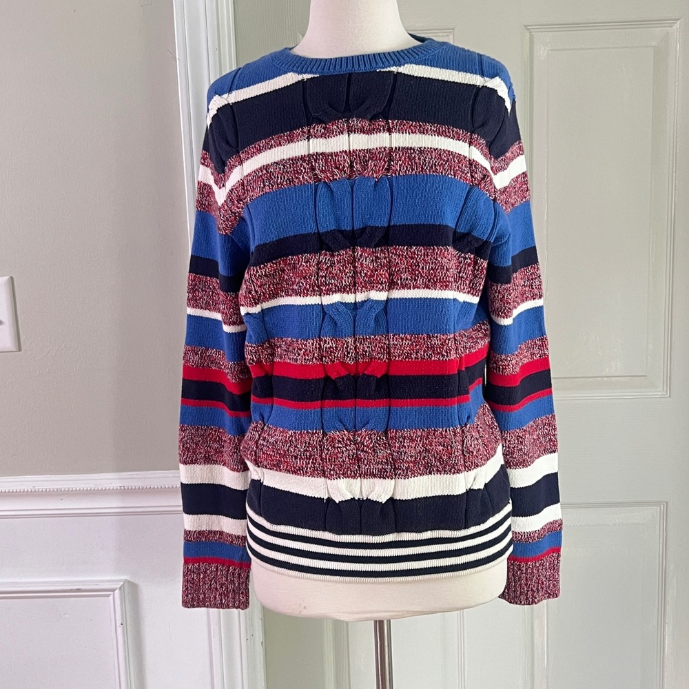 Tommy Hilfiger Cable Knit Sweater M Women Striped Blue Red Fisherman Nautical